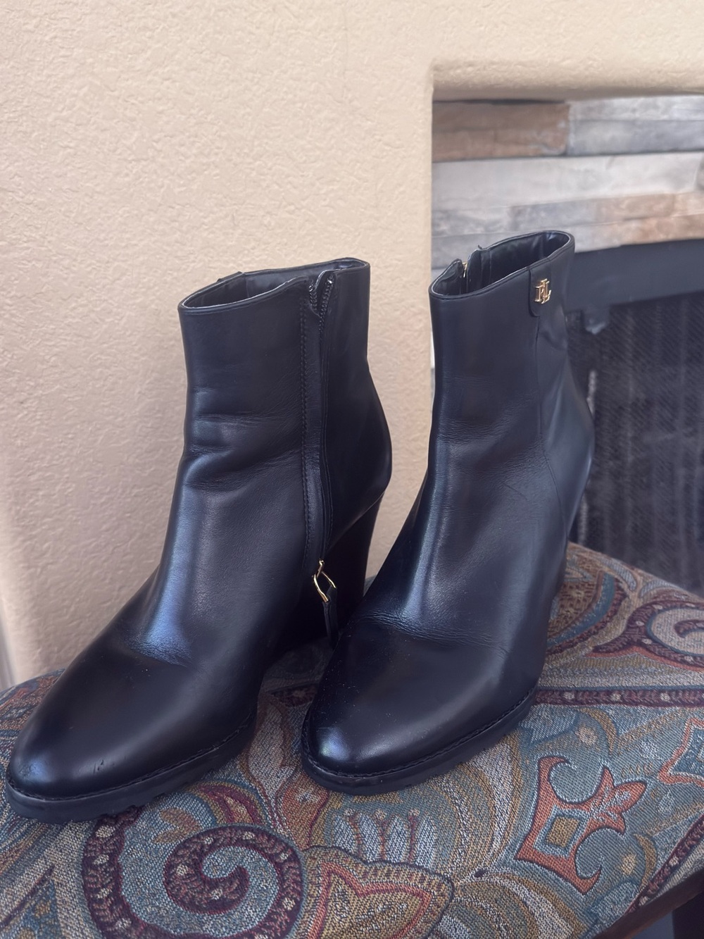 Lauren Ralph Lauren Black Leather Ankle Booties with Gold Accent